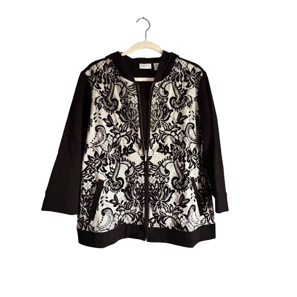 Zenergy by Chicos Black White Floral Lace Front Zip Hoodie Jacket Women Size 2